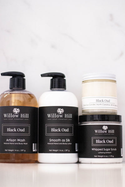 Willow Hill Soap Company Black Oud gift set with body and hand wash, 4 oz candle, lotion, and whipped sugar scrub