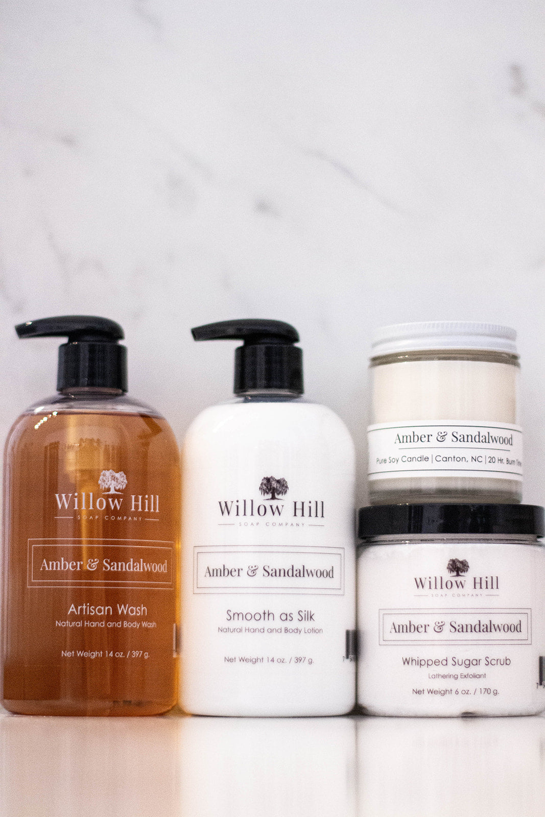 Willow Hill Soap Company Amber and Sandalwood body and hand wash, lotion, sugar scrub, and 4 oz candle