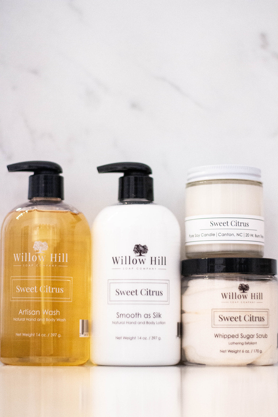 Willow Hill Soap Company Sweet Citrus gift set with hand and body wash, lotion, whipped sugar scrub, and 4 oz candle 