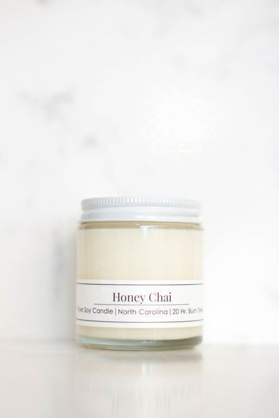 4 oz container of Honey Chai soy candle by Willow Hill Soap Company