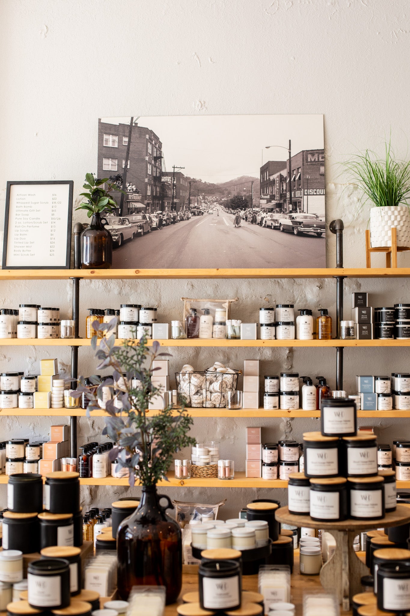 Willow Hill Soap Company Store shelf with candle and body care products